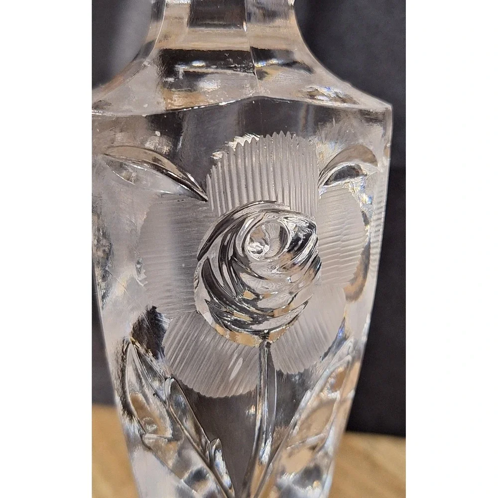 Vintage Etched Crystal Rose Candlestick Holder Faceted Glass Starburst Base 7.5